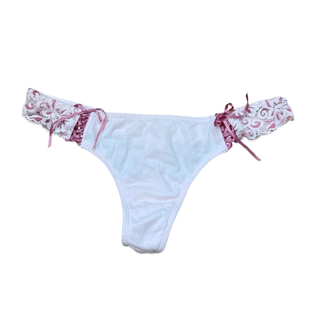 VTG Y2K M Lace Coquette Bows Thong Cotton‎ Panties Underwear Baby Pink